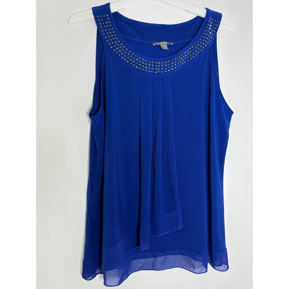 Roz & Ali Royal Blue Sleeveless Studded‎ Neck Pleated Blouse XL Made in USA